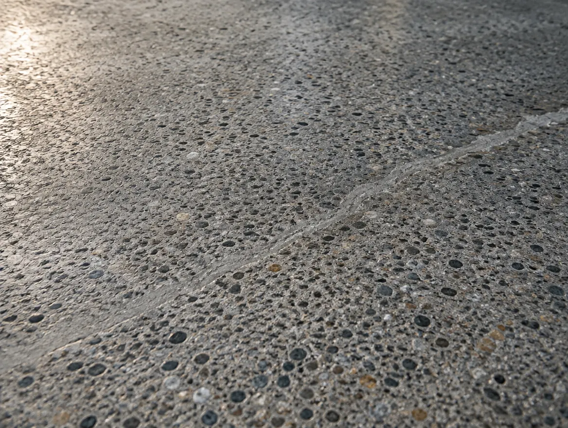Freshly diamond-ground concrete surface with a repaired crack filled flush